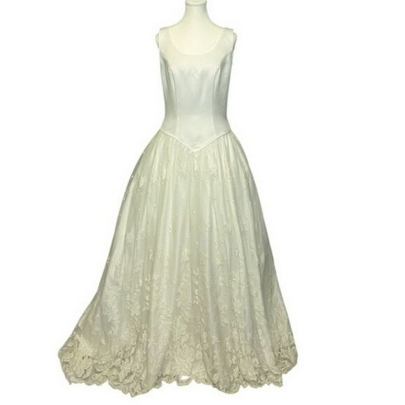 White Embroidered Mesh Overlay Wedding Gown Dress